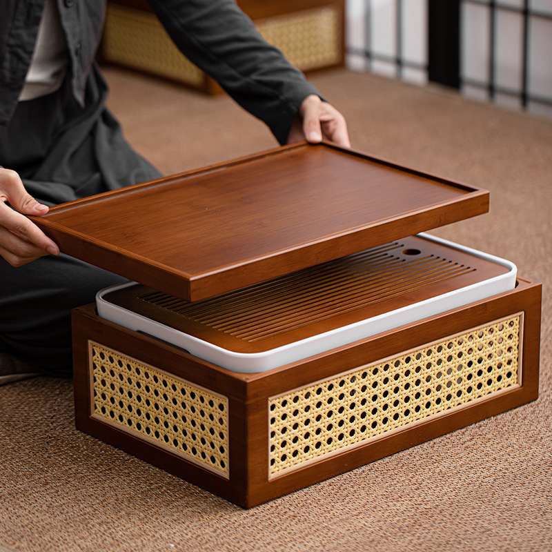 Household Multifunctional Storage Box Tea Tray Japanese Style Bamboo Rattan Kung Fu Tea Set Tea Table Tray Retro Storage