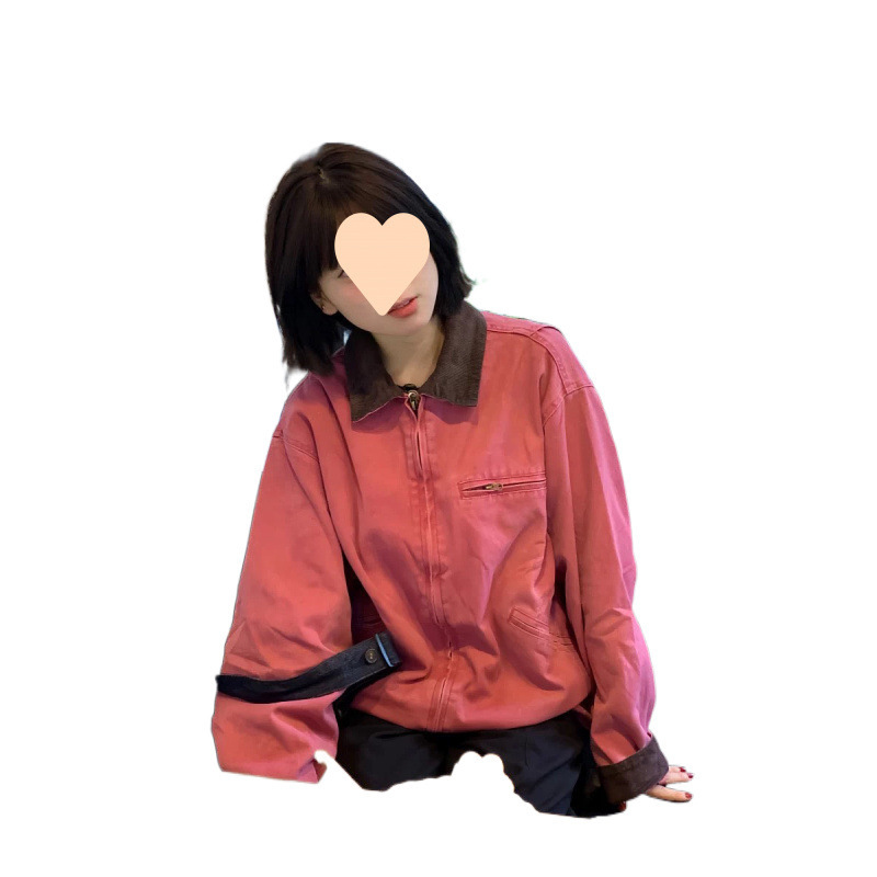 美式工装初秋棒球服粉色外套女早秋季设计感小众宽松翻领夹克春秋|undefined