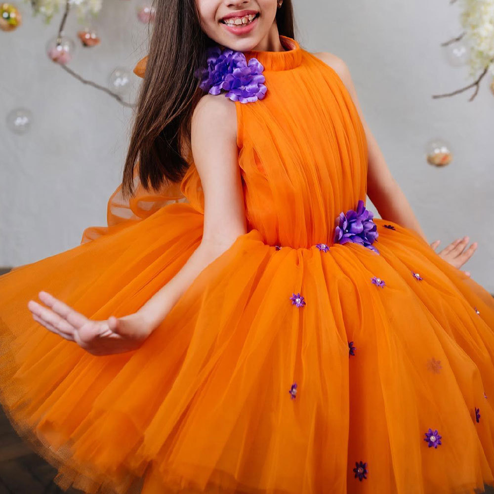 오렌지  생일 공주 원피스 2025 새로운 대외 무역 민소매 목 귀여운 꽃 소녀 공연 어린이 원피스