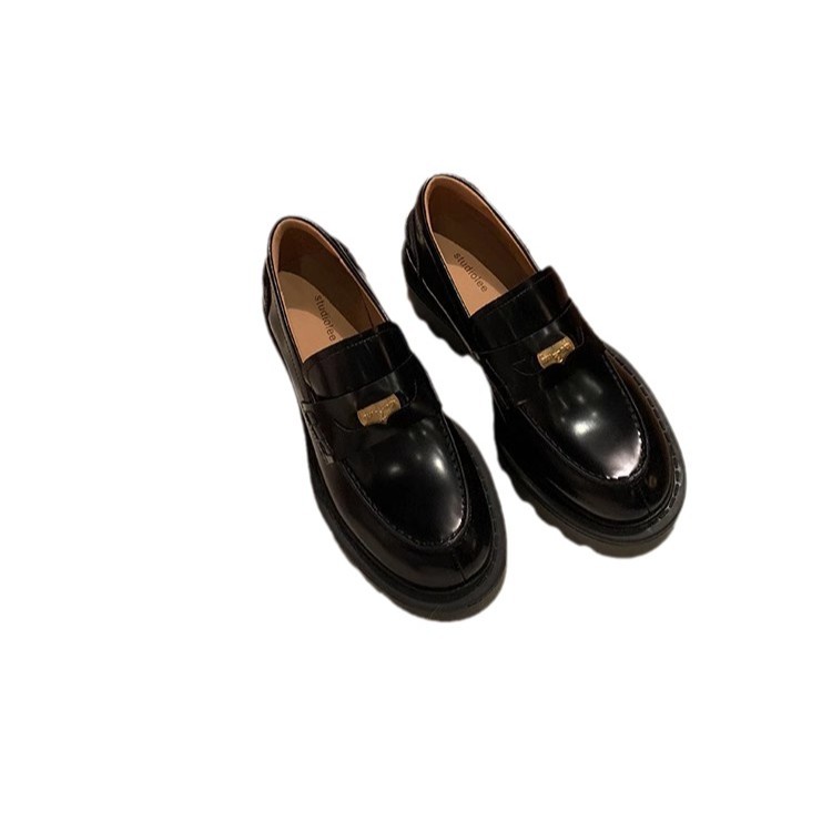 Versión de piel de vaca ~ Grape Mom mismo estilo, moneda de oro pequeña, punta redonda, tacón grueso, zapatos Lefu, zapatos de cuero de plataforma para mujer