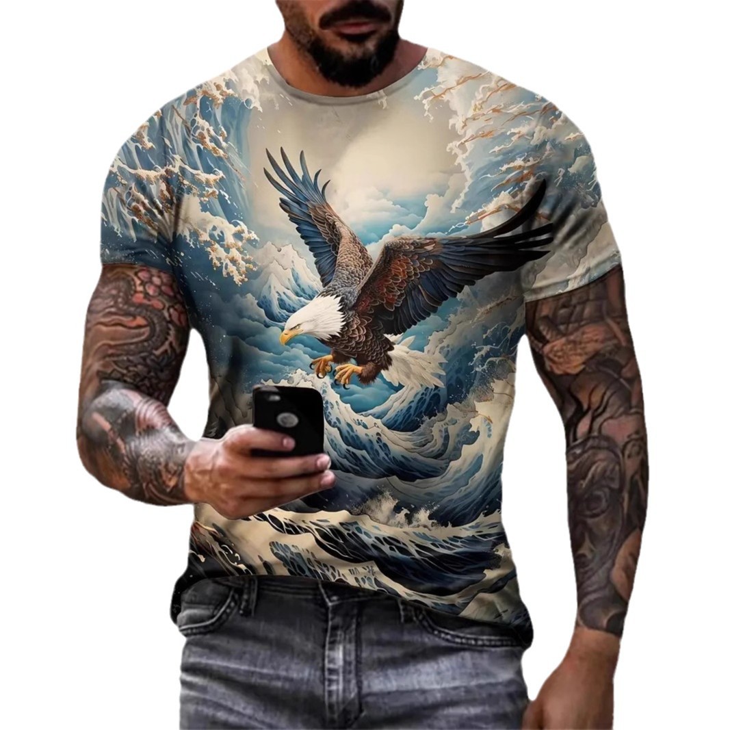 Tengyun Cross Sea Eagle 3D Printed Personalidad de verano para hombre Calle suelta y transpirable de manga corta con cuello redondo camiseta