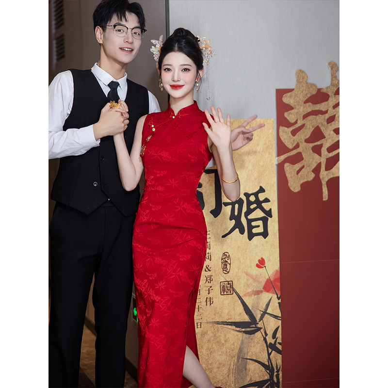 Cheongsam Toast Dress New Chinese Style Wedding Bound Wedding Dress 2025 New wine red Women's Door-back Bride Slim Fit
