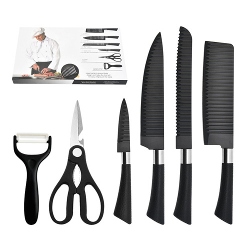 Set of 6 Kitchen Knives with Horsehoe Handles, Chef Hats, Black Wave Pattern, Colorful Gift Box Packaging