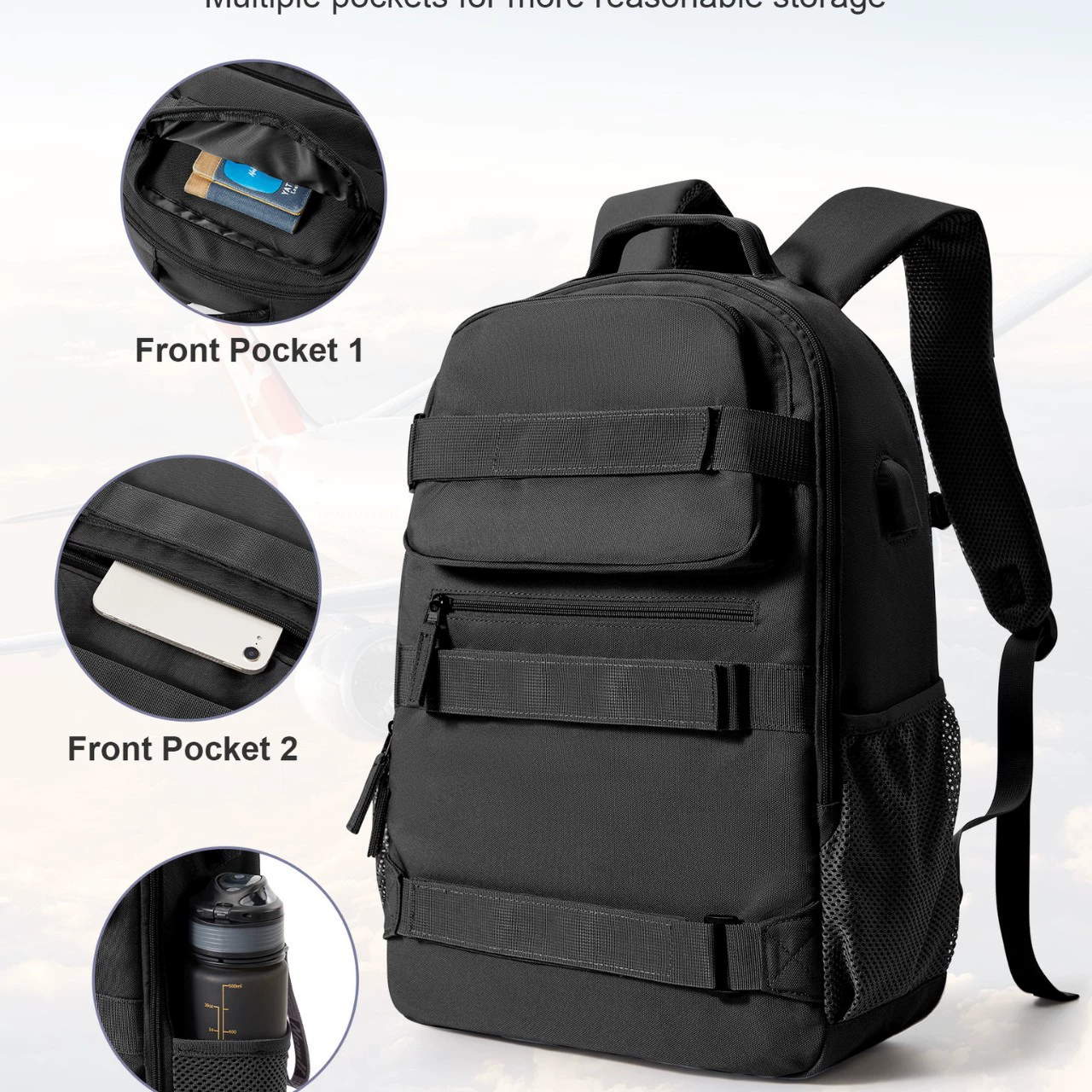 Skateboard, backpack