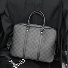 新款韩版时尚商务手提包 潮流格子大容量单肩包横款公文包男包