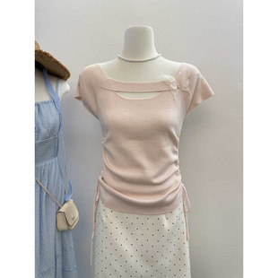 Korean Version 2025 Summer New Slim-Fit Pullover Short-Sleeve Knit Top with Drawstring Design on Both Sides, Elegant and Slimming Butterfly Style