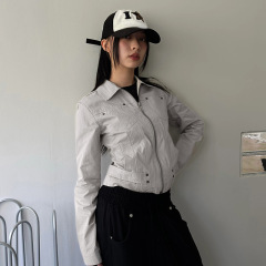 美式街头酷帅风工装翻领拉链夹克辣妹设计感口袋拼接直筒休闲外套