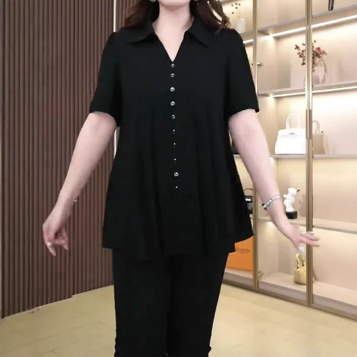 2025 лето новый темперамент пуговицы дизайн кружева шифоновая рубашка топ толстая мама дикий размер женская одежда