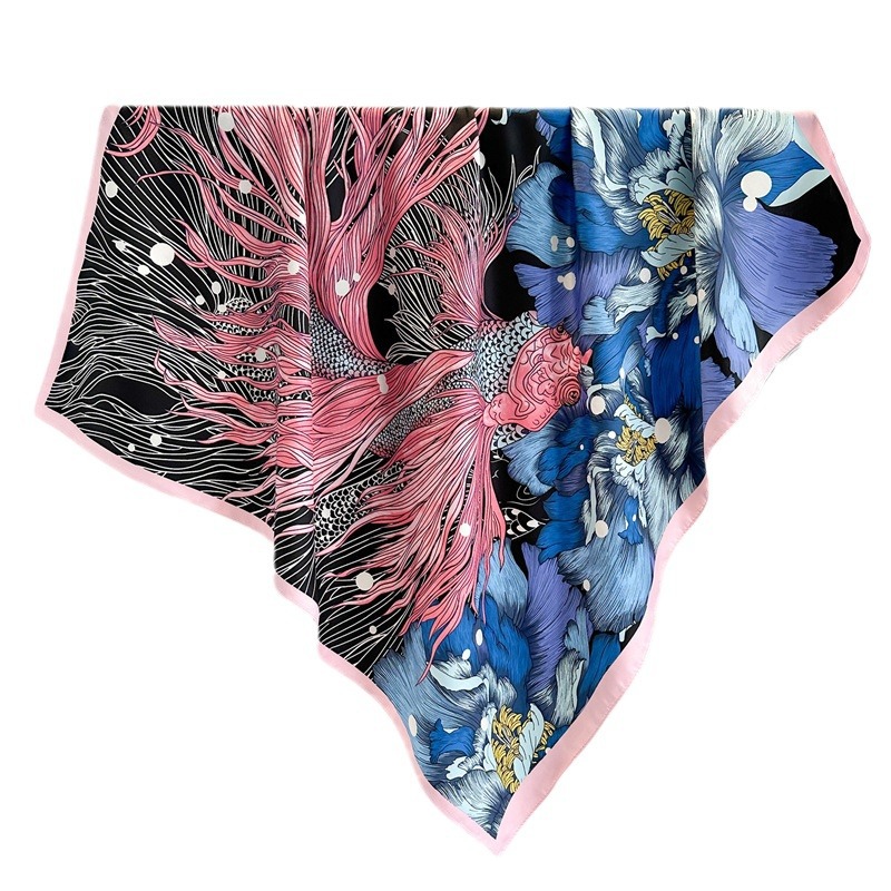 New koi peony print fashion scarf 90cm large square scarf twill silk scarf temperament versatile sun protection shawl_voghion.com