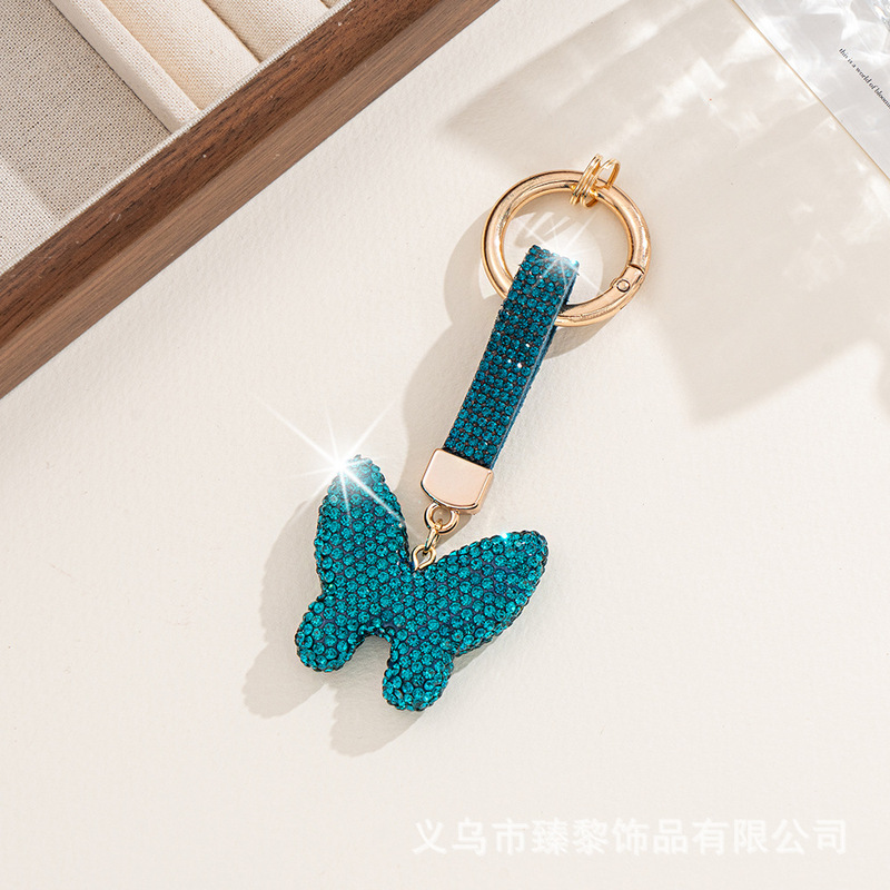 ダイヤモンドがちりばめられた粘土蝶車のキーホルダー金属かわいい女性のバッグペンダントキーチェーンリングダイヤモンドロープレザーロープギフト|undefined