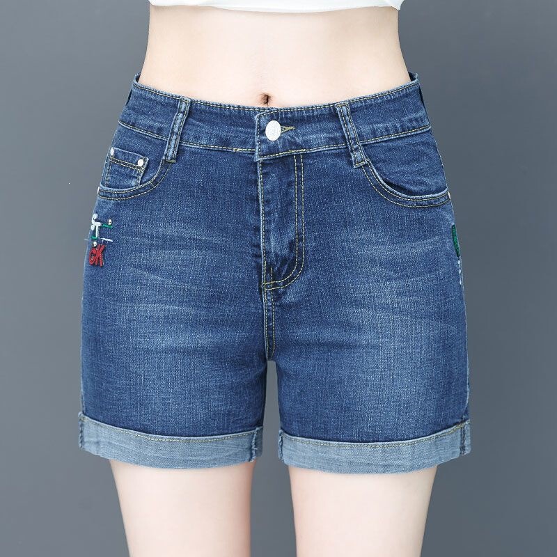 Women's Denim Shorts for Spring and Summer, Thin Style, Plus-Size, High-Waisted, A-Line, Slimming, Cuffed Jeans for Middle-Aged Women