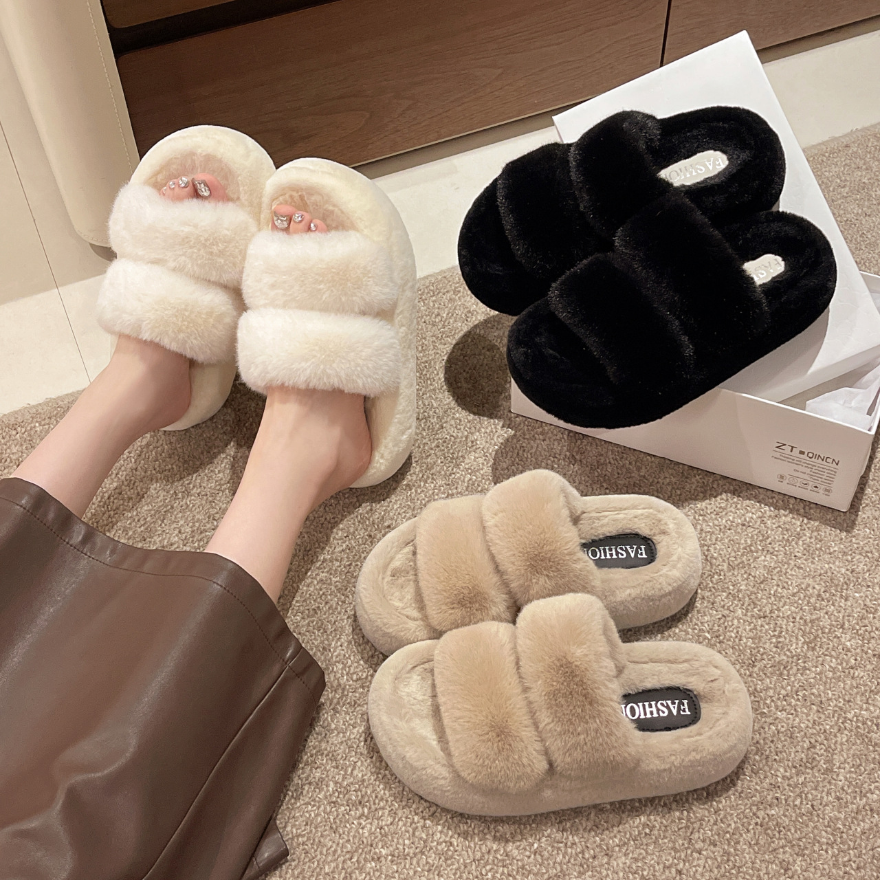 Open Toed Hairy Slippers For Women In Autumn And Winter, New Style For Outdoor Wear, Warm And Thick Soled, Double Straps, Outdoor Cotton Slippers_vogvips.com