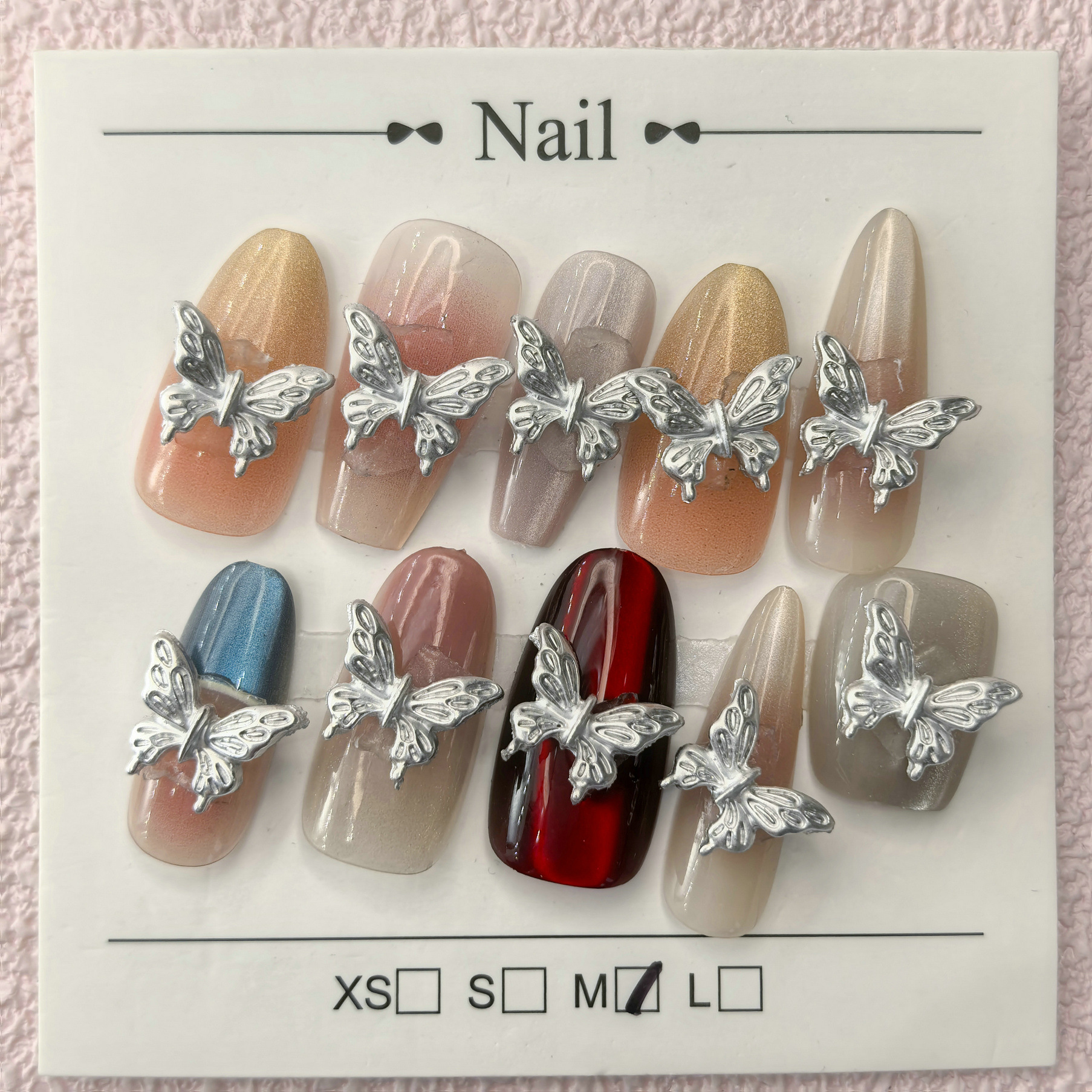 大量现货银色蝴蝶美甲饰品轻奢立体蝴蝶结金属大蝴蝶翅膀指甲钻饰