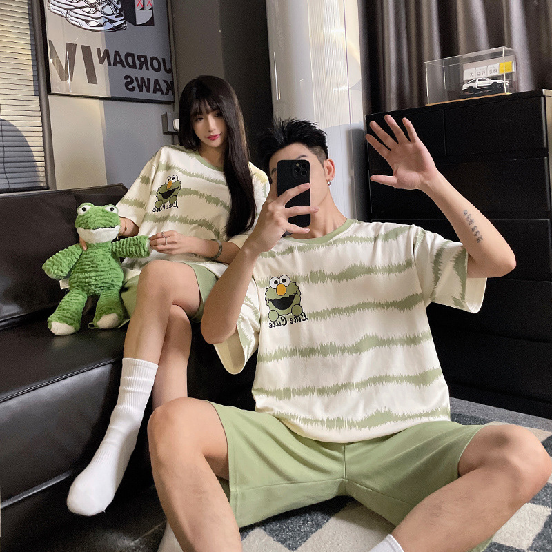 Couple's summer cotton pajamas women's thin cartoon short-sleeved shorts loose men's home wear can be worn outside summer