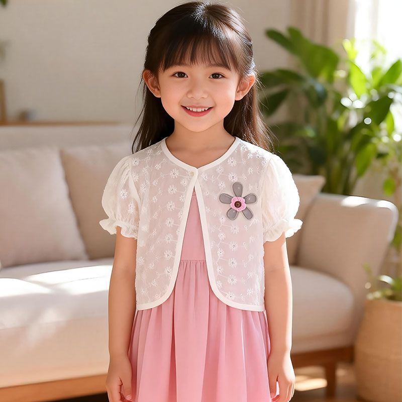 New summer children's clothing, girls' hollowed-out shawl jacket, baby thin short-sleeved cardigan.