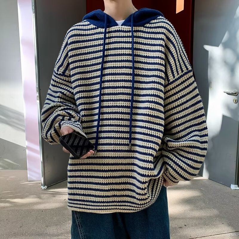 Fake Two-piece Hooded Sweater Sweater Men's Autumn and Winter Loose Lazy Striped Hooded Sweater Coarse Wool Coat Fake Two-piece Hooded Sweater Sweater Men's Autumn and Winter Loose Lazy Striped Hooded Sweater Coarse Wool Coat