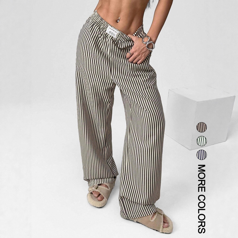 Cross-Border Foreign Trade Amazon 2025 European and American Harajuku Casual Striped High-Waisted Loose Casual Pants Hot Item