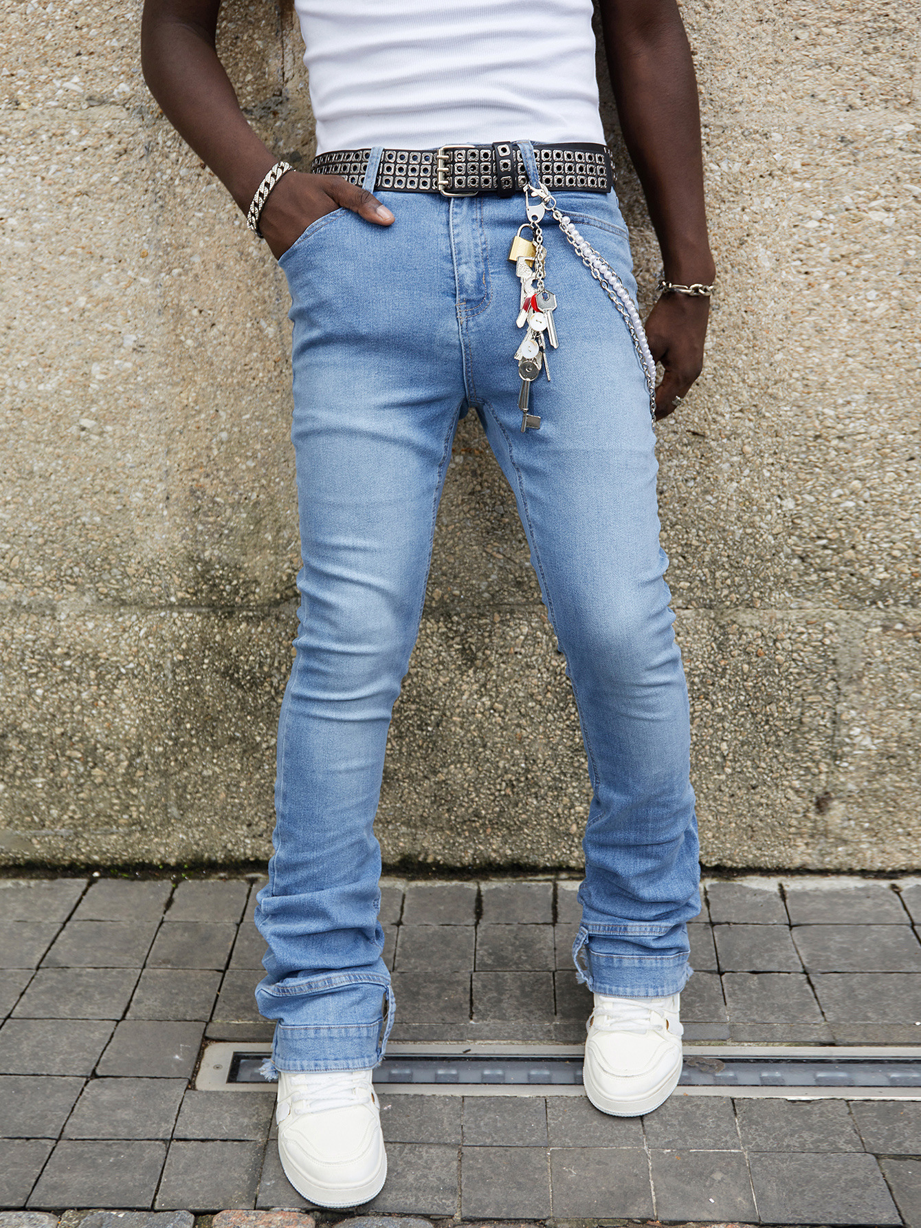 Men's Straight Leg Jeans Midweight Stretch Patch Denim Mid Waist Long Trousers Street Style Instagram Popular_mkmklike.com