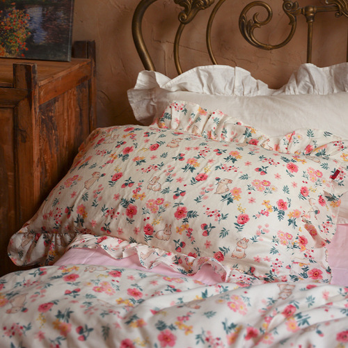 Huazhi Little Rabbit~丨Pure cotton double-layer yarn French retro lace four-piece bed sheet quilt cover Year of the Rabbit bedding set