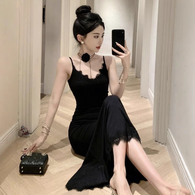 Sexy Pure Desire Royal Sister Lace V-Neck Strap Dress Summer Hot Girl Waist-Cinching Black Bodycon Long Dress for Women Trendy