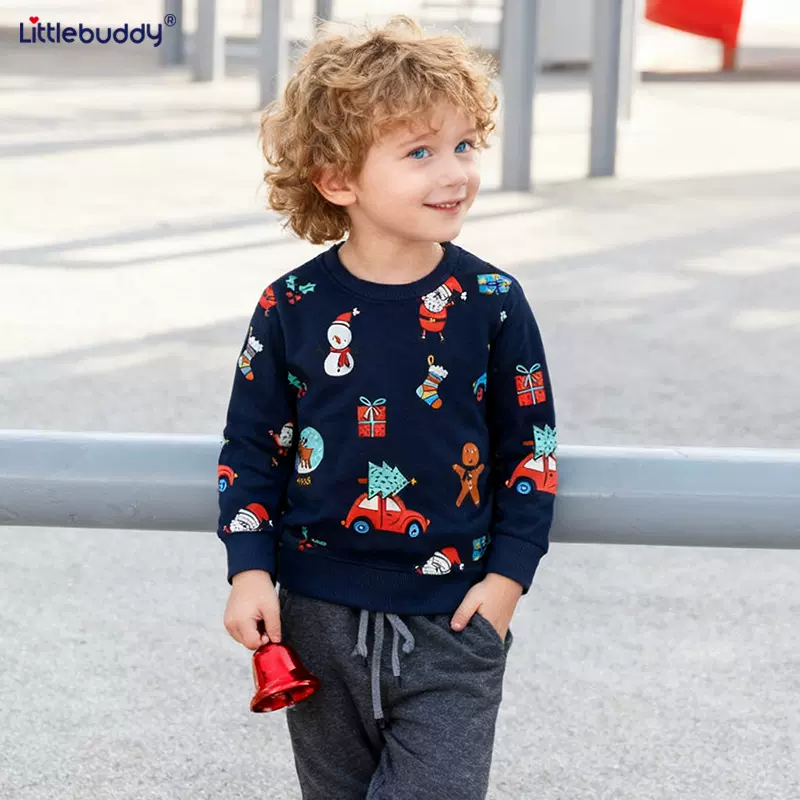 跨境欧美风童装卫衣秋季新品男童长袖打底衫卡通圆领圣诞节童卫衣