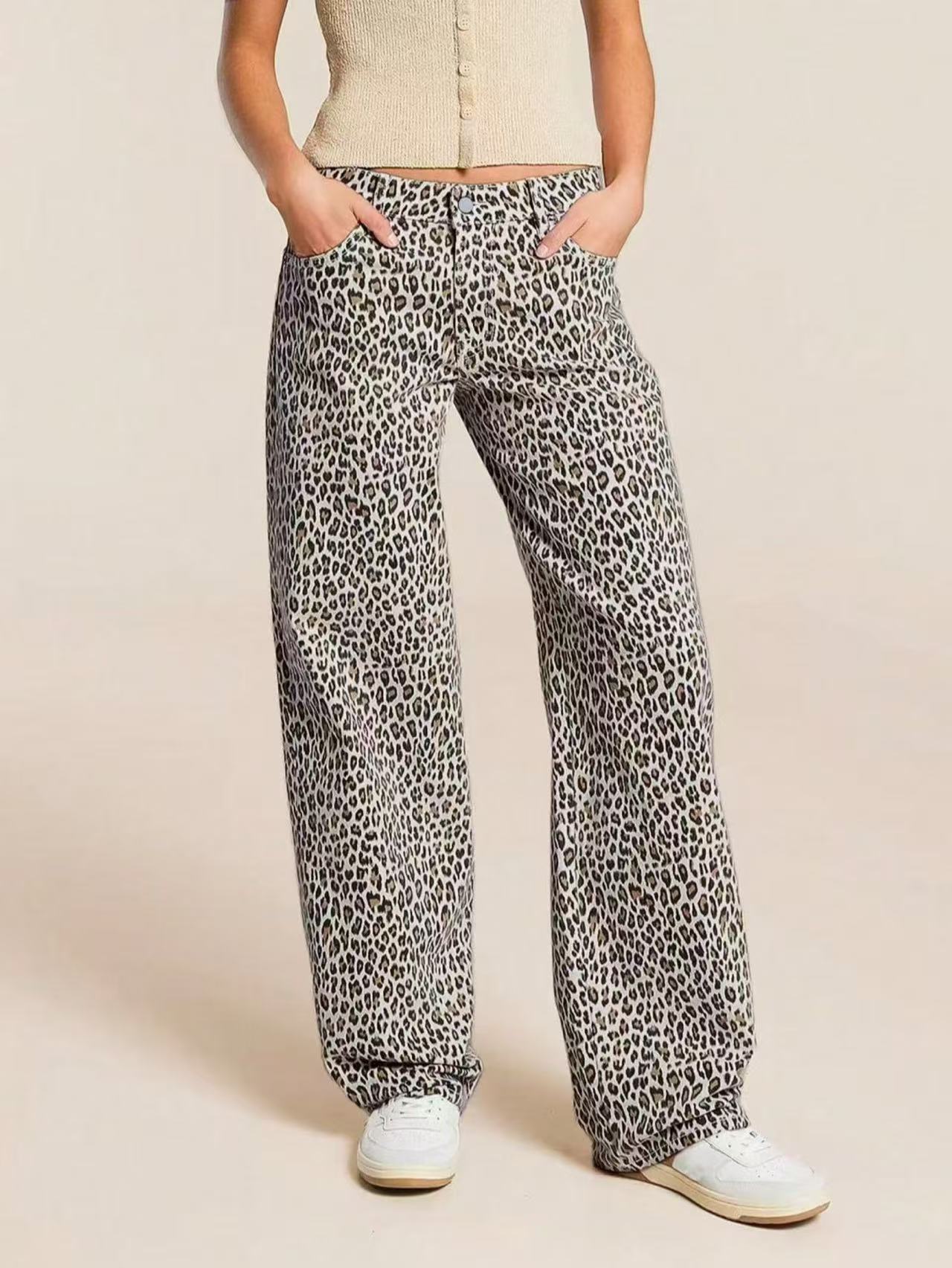 Jeans Rectos con Estampado de Leopardo para Mujer de Mezclilla, Alta Elasticidad, Tiro Medio, para Estilo Callejero
