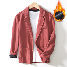 棉麻加绒加厚复古雅痞大码小西服男士休闲商务宽松小西装保暖外套