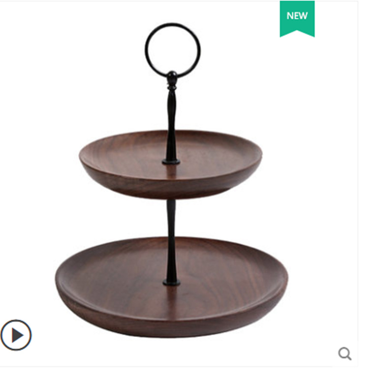 Madera de madera sólida de nuez negra bandeja de doble capa bandeja de frutas secas bandeja de té bandeja de pasteles de bocadillos bandeja de postre marco multicapa
