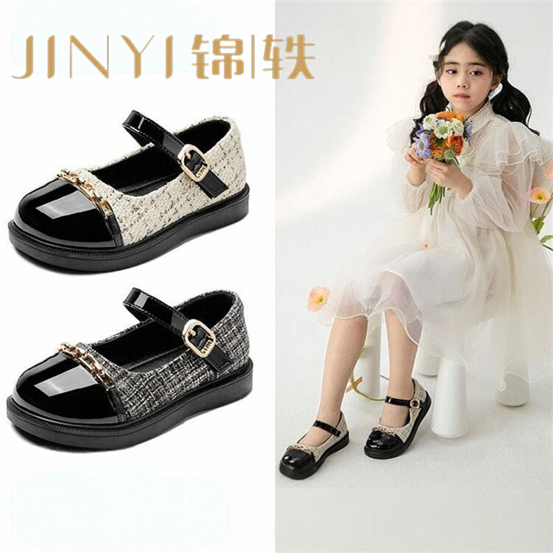 酒红色儿童皮鞋女童春秋季新款真皮珍珠吊坠软底学生单鞋演出舞蹈