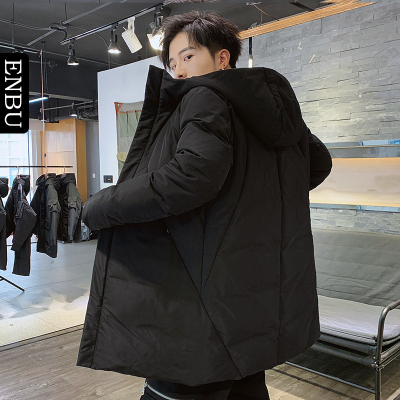 Enbu Clearance Men's down Jacket New Hooded Winter Thick Coat Solid Color Casual Mid-Length White Duck down