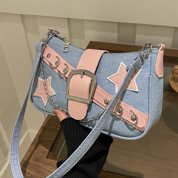 2025 New Korean Style Underarm Bag Women's Spring Western Style Contrast Color Shoulder Bag Casual Distinctive Chain Denim Women's Bag 2025 New Korean Style Underarm Bag Women's Spring Western Style Contrast Color Shoulder Bag Casual Distinctive Chain Denim Women's Bag