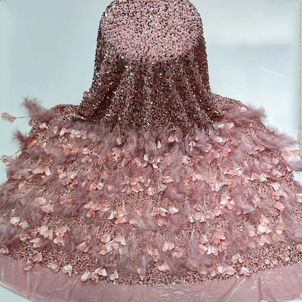 Comercio exterior nueva pluma Otoño e Invierno vestido de novia vestido de noche terciopelo no invertido tridimensional lentejuelas borla floral bordado tela JX1704