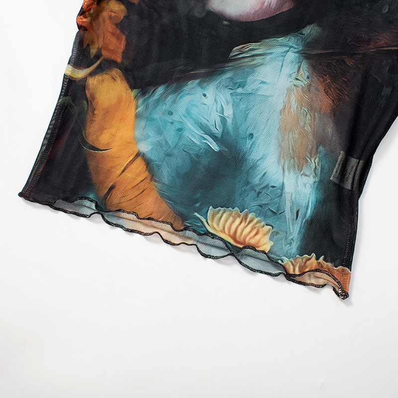 Girl Print Design Transparent Long Sleeves Cropped Top Long Skirt Women Suit