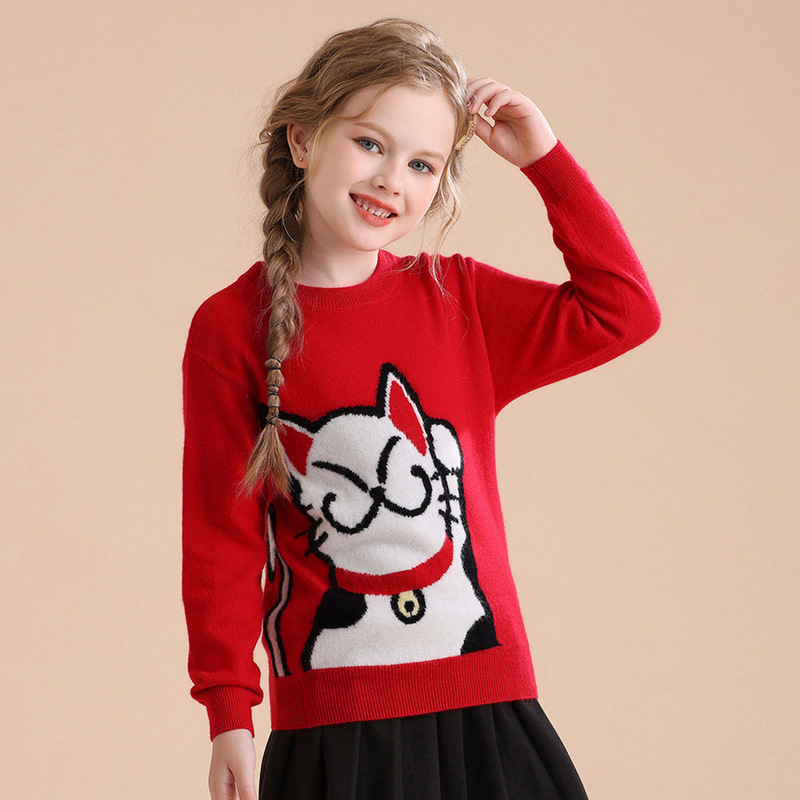 New children's cashmere sweater, autumn and winter, round neck, cartoon lucky cat, boys' and girls' cashmere base layer sweater for medium and large children.