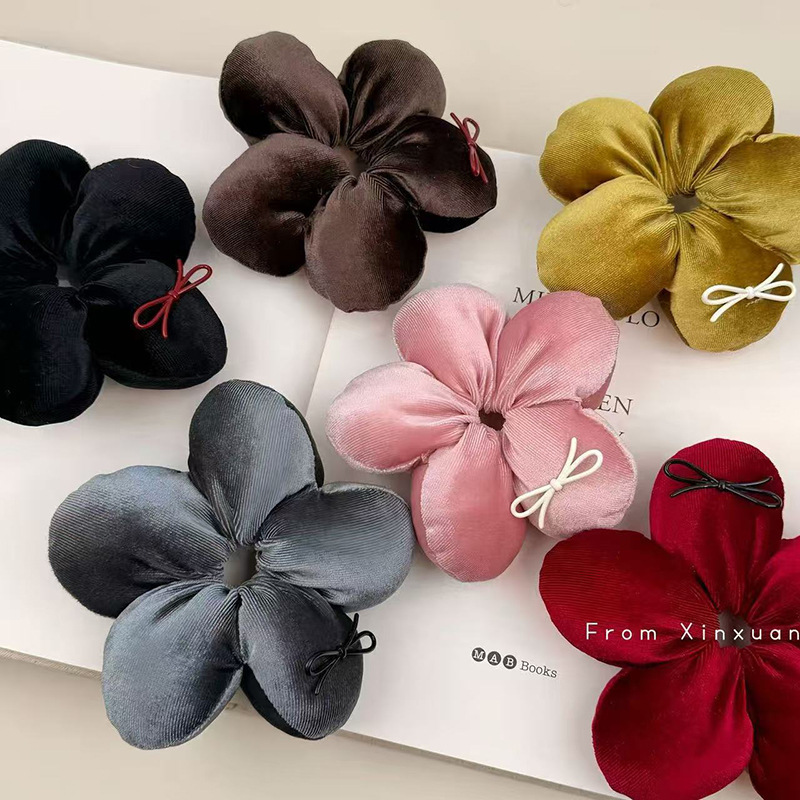 秋冬新款立体丝绒花朵发圈甜美氛围感海绵蝴蝶结大肠圈发饰|undefined