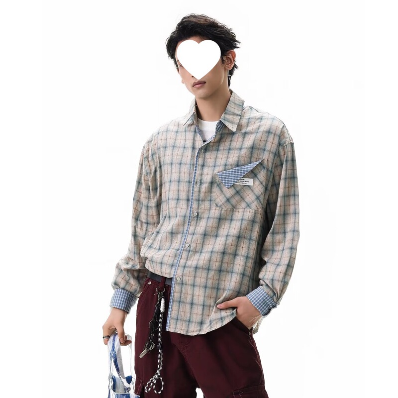 Plaid Shirt Boyfriend Style Men's Shirt Shirt Inner Wear Thin Jacket Men's Spring and Autumn Clothes Brown Blue