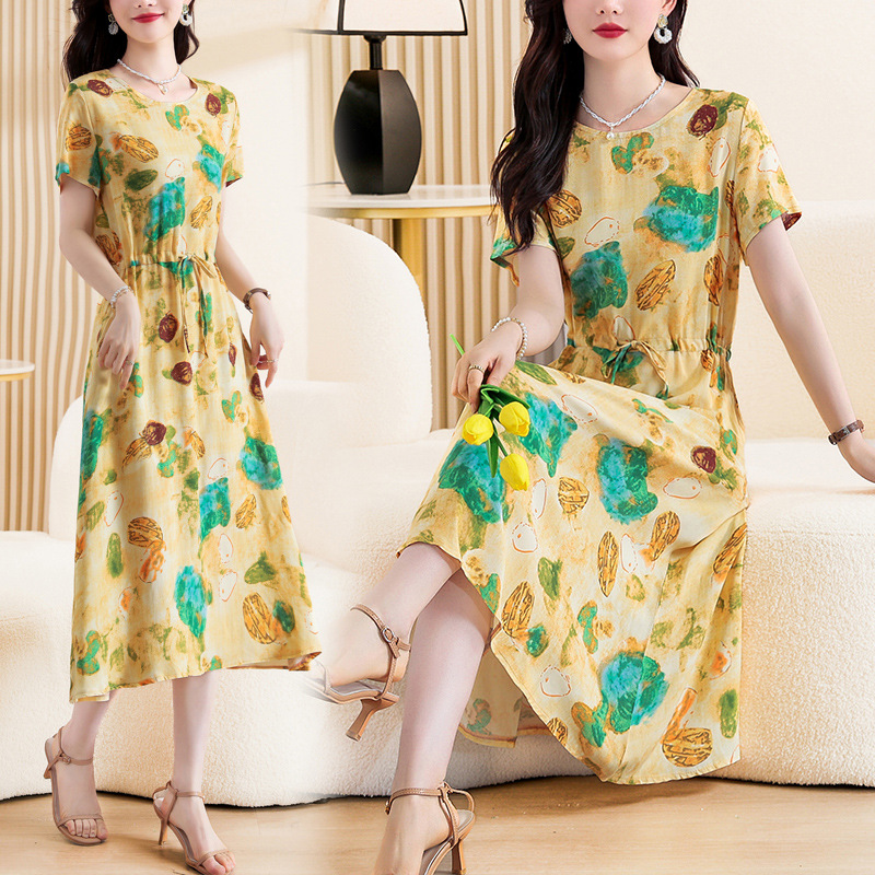 Middle-aged Mother Cotton Silk Dress Women's 50-year-old 60-year-old Grandma Summer Wear Artificial Cotton Short-sleeved Large-size Printed Long Dress