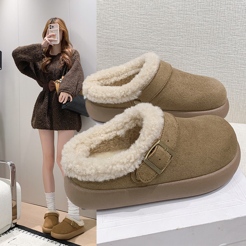 Women's slip-on cotton shoes, 2026 autumn/winter new style, retro belt buckle design, fleece-lined and thickened for warmth, suitable for outdoor wear, Boken cotton slippers