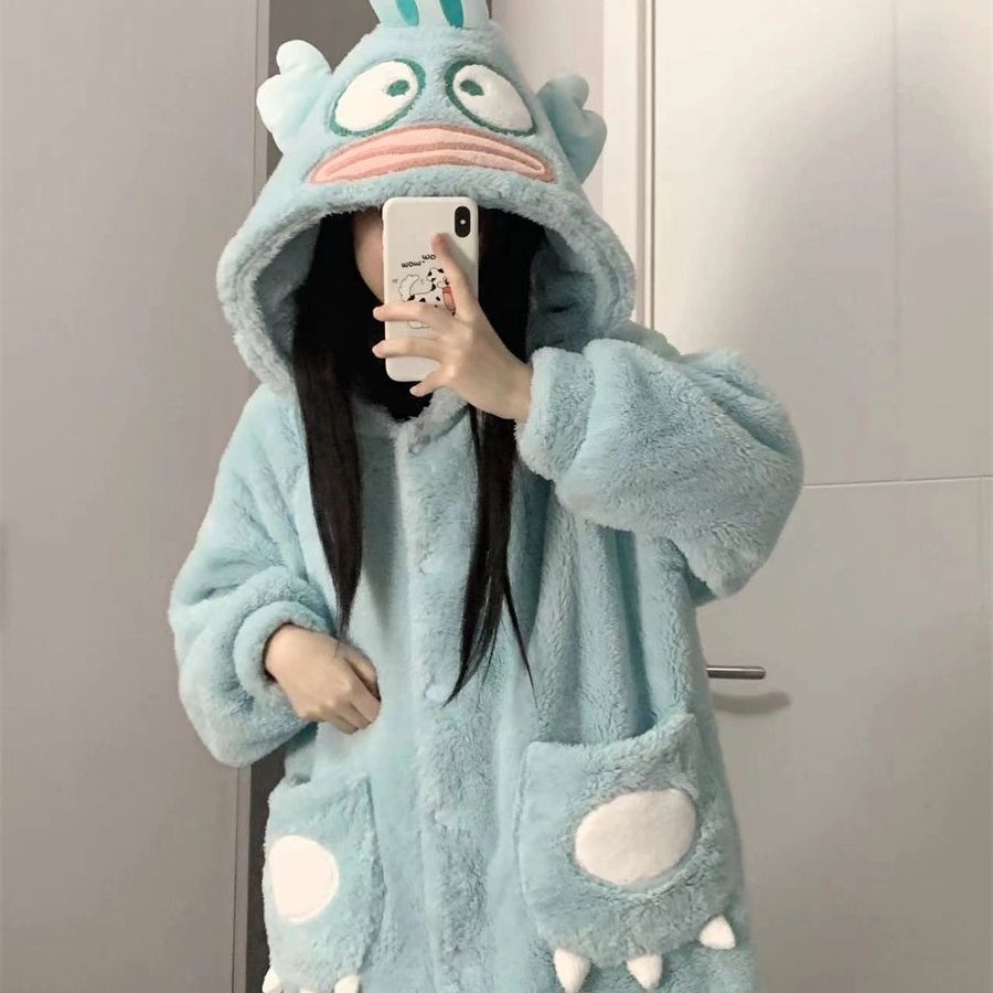 2023年新款丑魚睡衣女冬季珊瑚絨加厚可愛學生卡通睡袍保暖家居服