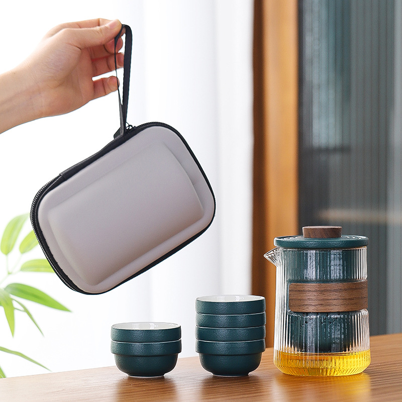 줄무늬 냄비와 컵 6개 - 진한 녹색