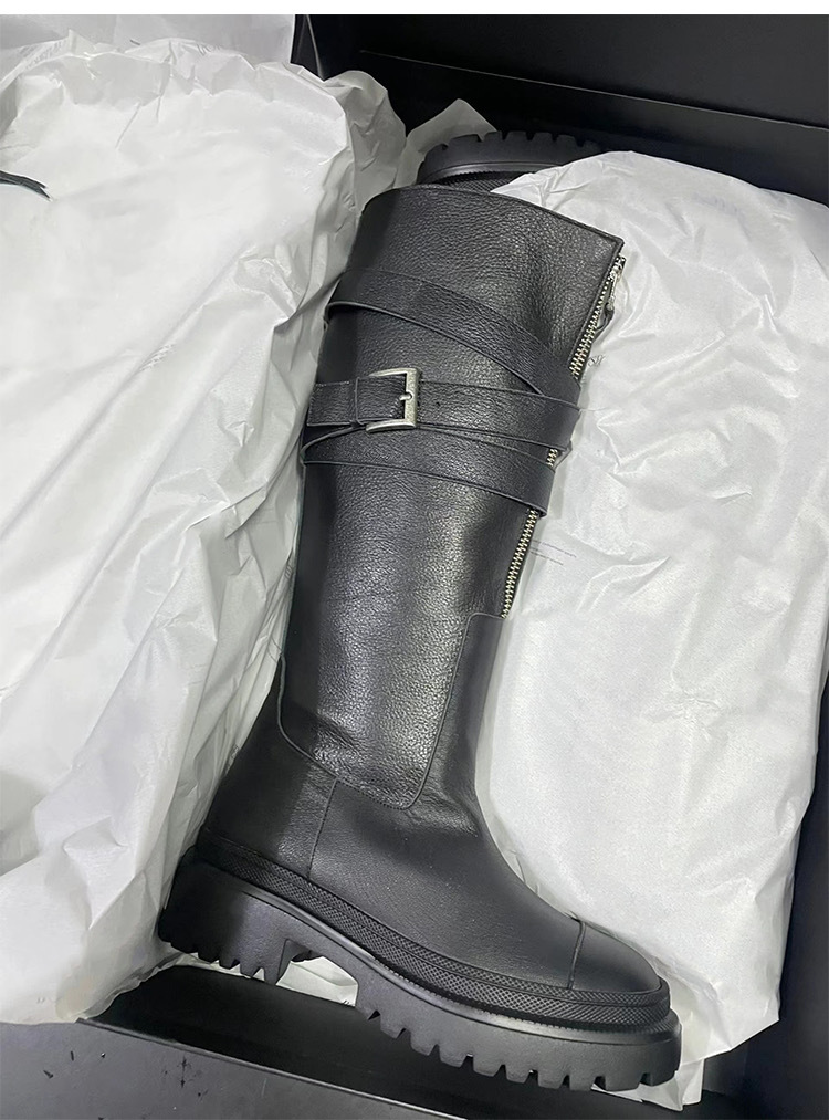 Women's Martin Boots, Made Of Genuine Leather, Knee-high Design, With Belt Buckles, Thick Soles, Suitable For Motorcycle Riding, High-top Style._voghion.com