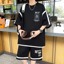 短袖运动休闲套装男宽松大码高级帅气搭配两件套潮牌T恤男装套装