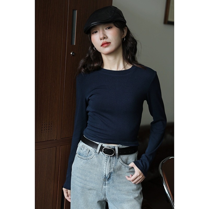 白色圆领短款内搭打底衫女秋冬季高级感修身正肩长袖t恤收腰上衣|undefined