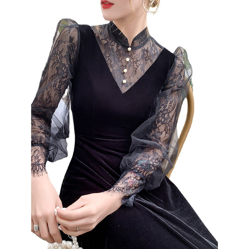 Vestido de encaje negro vestido nuevo estilo chino largo cuello ligero lujoso hueco de manga larga vestido de noche diario