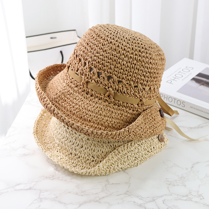 Summer turned-over handmade crocheted straw hat travel sunscreen sunshade hat children's face small face fisherman hat all-match tide