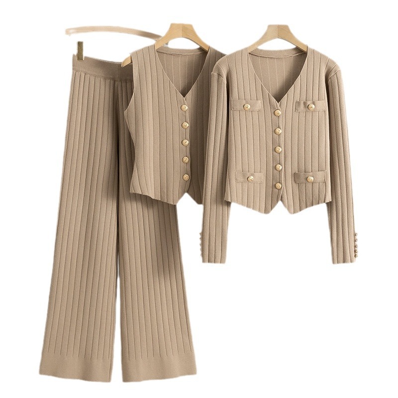 Damkläder byxtröja med vida ben tredelad kostym kvinnlig 2024 vår och höst ny väst stickad koftadräkt_voghion.com