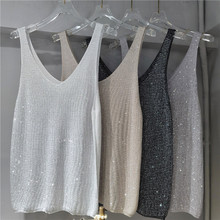 欧货重工亮片背心宽松大码外穿吊带上衣闪亮夏季烫钻轻薄性感V领