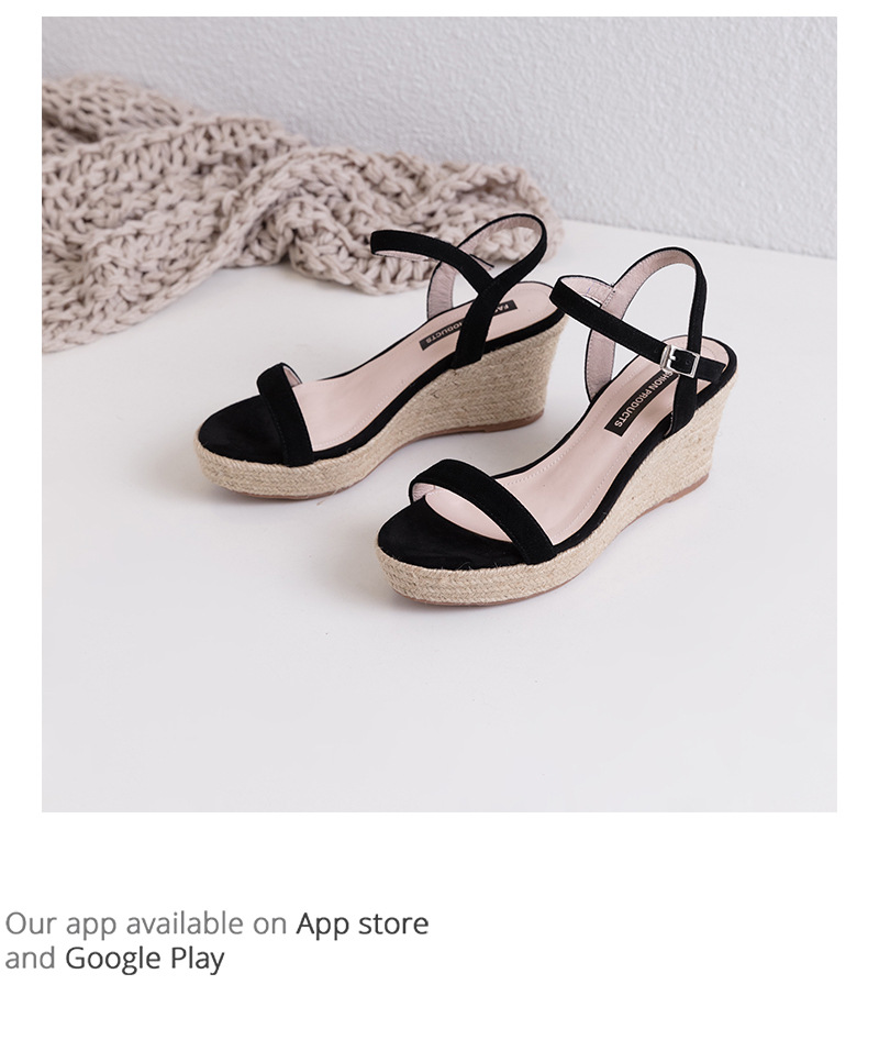 Sandal nữ quai ngang hở mũi gót cao 7 cm đế rơm — Màu đen chi tiết 13