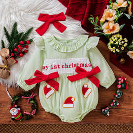 女童飞袖圣诞打揽刺绣毛巾绣哈衣+头饰两件套