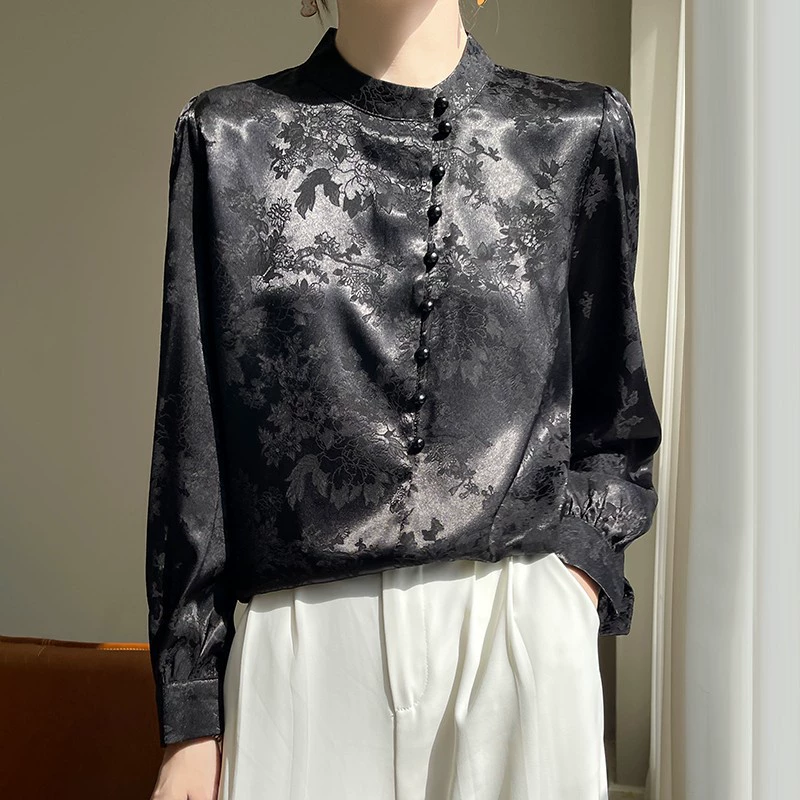 White silk shirt, spring long-sleeve, Chinese style